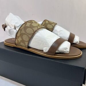 Coach Harley Sandals in Signature Brown Jacquard Women 10 gold adjustable buckle